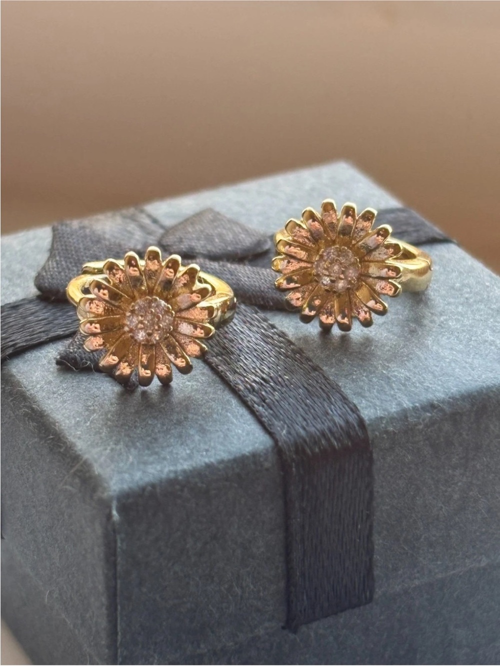 Gold Plated Daisy Flower Huggie Hoop Earrings Pavé Crystal Floral Dainty